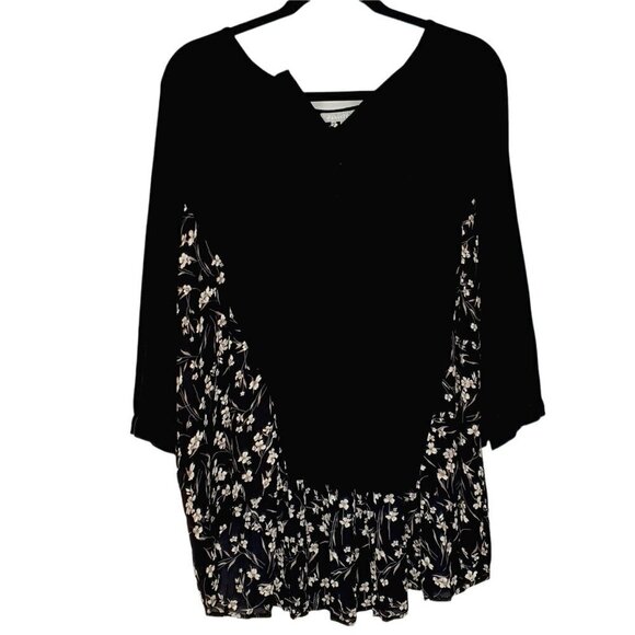 Daniel Rainn V Neck Black Floral Stretch Pleated Back 3/4 Sleeve Blouse L - Picture 1 of 9